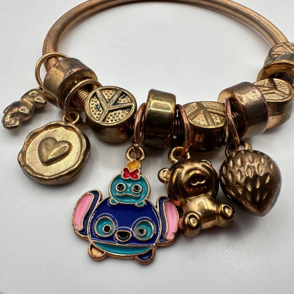 Vintage Y2K Gold Tone Peace Sign Expandable Charm Bracelet Women's Jewelry